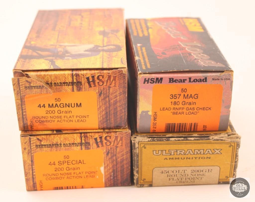 Assorted Ammo: 44 Special, 44 Magnum, 45 Long Colt, 357 Magnum: One lot of assorted ammo consisting of 50 rounds of 44 Special, 200 grain; 42 rounds of 44 Magnum, 200 grain; 9 rounds of 45 Long Colt, 200 grain; 19 rounds of 357 Magnum, 180 grain. 