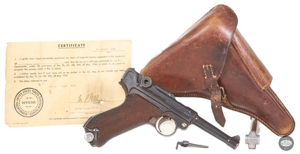 1914 Erfurt Luger 9mm w/ Matching Magazines, Holster, Tool & WWII Bring-Back Papers: Offered in this lot is an exceptional Erfurt Luger chambered in 9mm, featuring the desirable 1914/1920 markings and retaining all matching serial numbers, including both original magazines. This highl