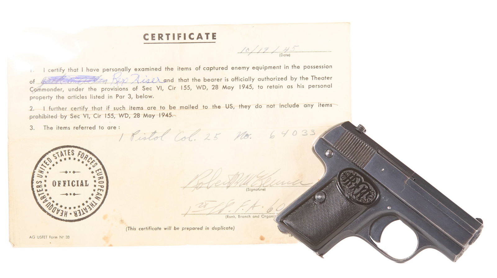 Dreyse Model 1907 .25 ACP Pocket Pistol w/ WWII Bring-Back Papers & Excellent Condition - 5