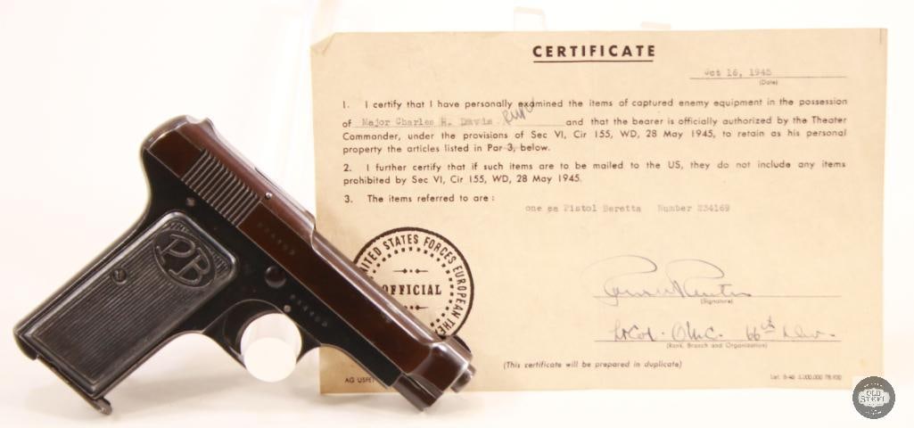 Beretta Model 1915/19 .32 ACP w/ WWII Bring-Back Papers, Matching Slide & Frame: Offered in this lot is a highly desirable Beretta Model 1915/19 chambered in .32 ACP, accompanied by original World War II bring-back papers that significantly enhance its historical appeal and proven