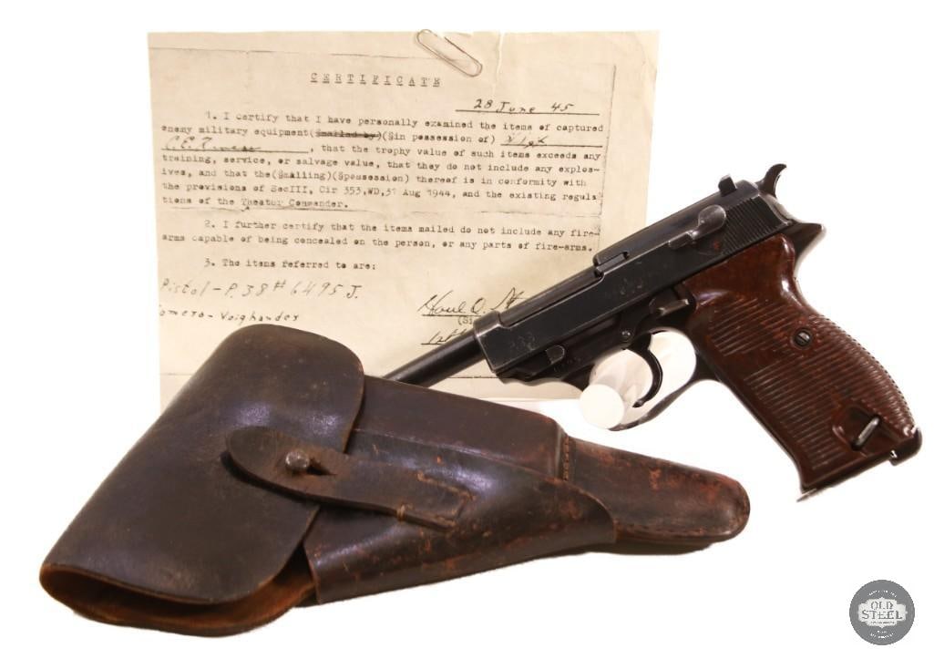 Battle-Damaged AC44 Walther P38 9mm w/ Capture Papers Copy, 1944 Holster & Matching Parts: Offered in this lot is a highly desirable and historically compelling AC44-coded Walther P38 chambered in 9mm, exhibiting authentic battlefield damage that tells a remarkable story of wartime