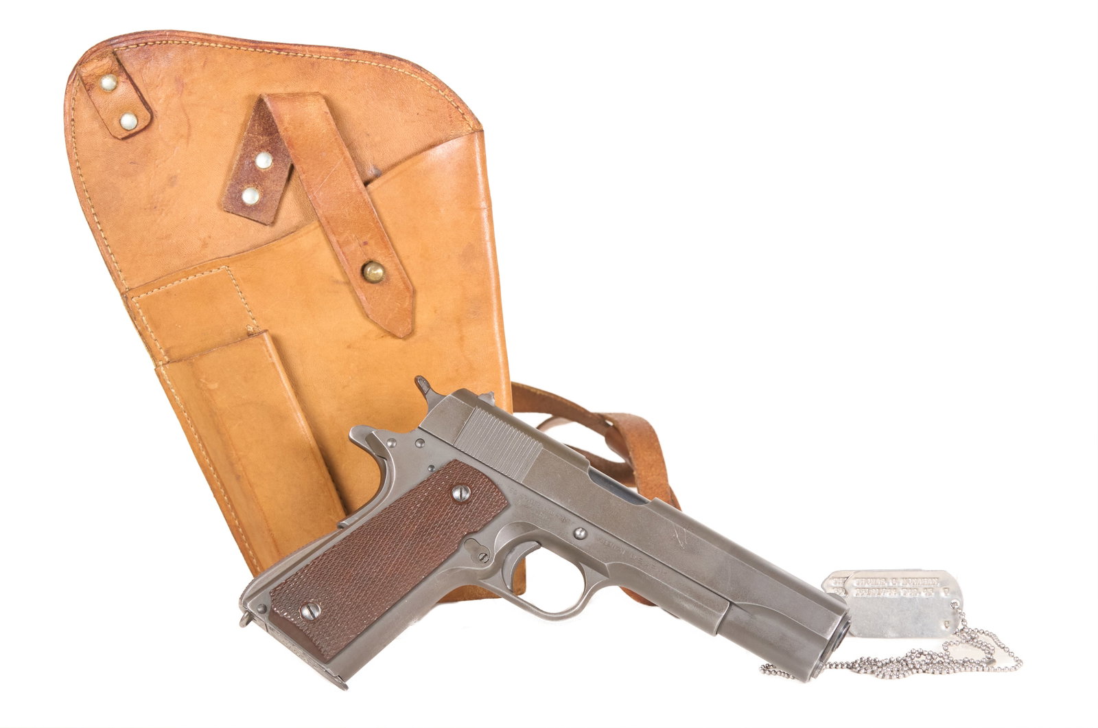 WWII Colt M1911A1 .45 ACP w/ Dog Tags, Theater-Made Cross Draw Holster & WB Inspection (1 of 10)