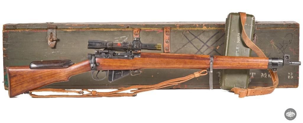 Lee-Enfield No.4 Mk1(T) .303 British Sniper Rifle w/ Original Scope, Crate & Accessories: Offered in this lot is an exceptional Lee-Enfield No.4 Mk1(T) Sniper Rifle chambered in .303 British, one of the most iconic and sought-after military sniper rifles of the Second World War. Carefully 