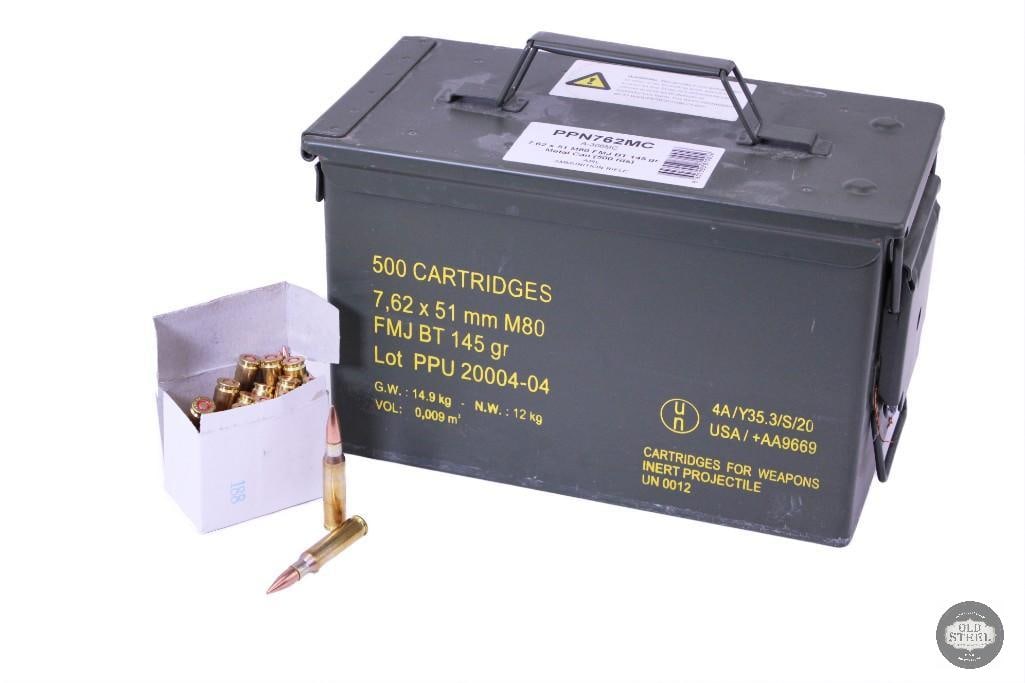 500 rounds of 7.62x51 M80 FMJ, 145 grain, in metal ammo can. - 2