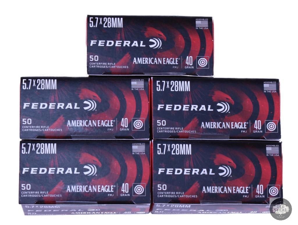 250 rounds of Federal 5.7x28, 40 grain ammo: One lot of 250 rounds of Federal 5.7x28, 40 grain ammo THIS ITEM IS AS PICTURED WITH NO FURTHER ATTACHMENTS. ALL SALES ARE FINAL. PLEASE REFER TO THE