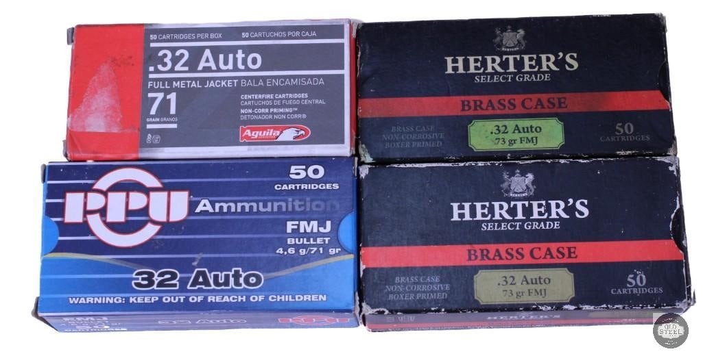 200 rounds of .32 Auto ammunition, 71 grain (aguila and PPU) and 73 grain (Herters): One lot of 200 rounds of .32 Auto ammunition, 71 grain (aguila and PPU) and 73 grain (Herters) THIS ITEM IS AS PICTURED WITH NO FURTHER ATTACHMENTS. A
