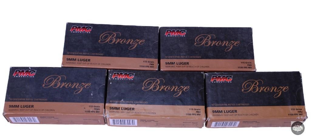 200 rounds of PMC Bronze 9mm Luger, 115 grain: One lot of 200 rounds of PMC Bronze 9mm Luger, 115 grain THIS ITEM IS AS PICTURED WITH NO FURTHER ATTACHMENTS. ALL SALES ARE FINAL. PLEASE REFER TO TH