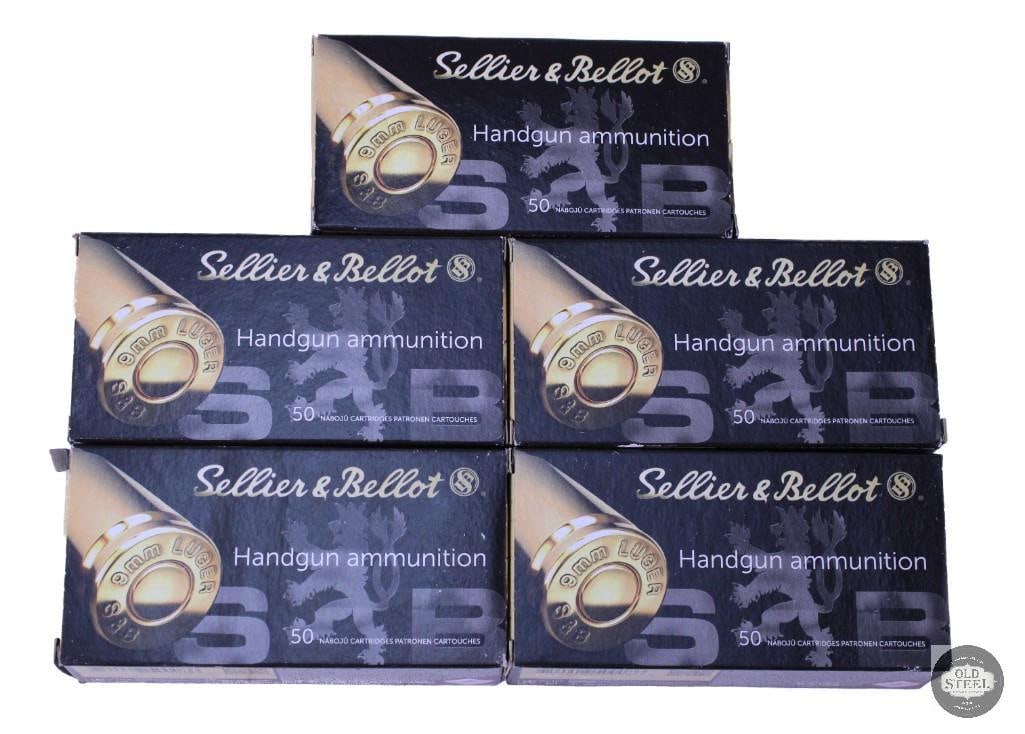 250 rounds Sellier and Bellot 9mm Luger, 115 grain: One lot of 250 rounds Sellier and Bellot 9mm Luger, 115 grain THIS ITEM IS AS PICTURED WITH NO FURTHER ATTACHMENTS. ALL SALES ARE FINAL. PLEASE REFER