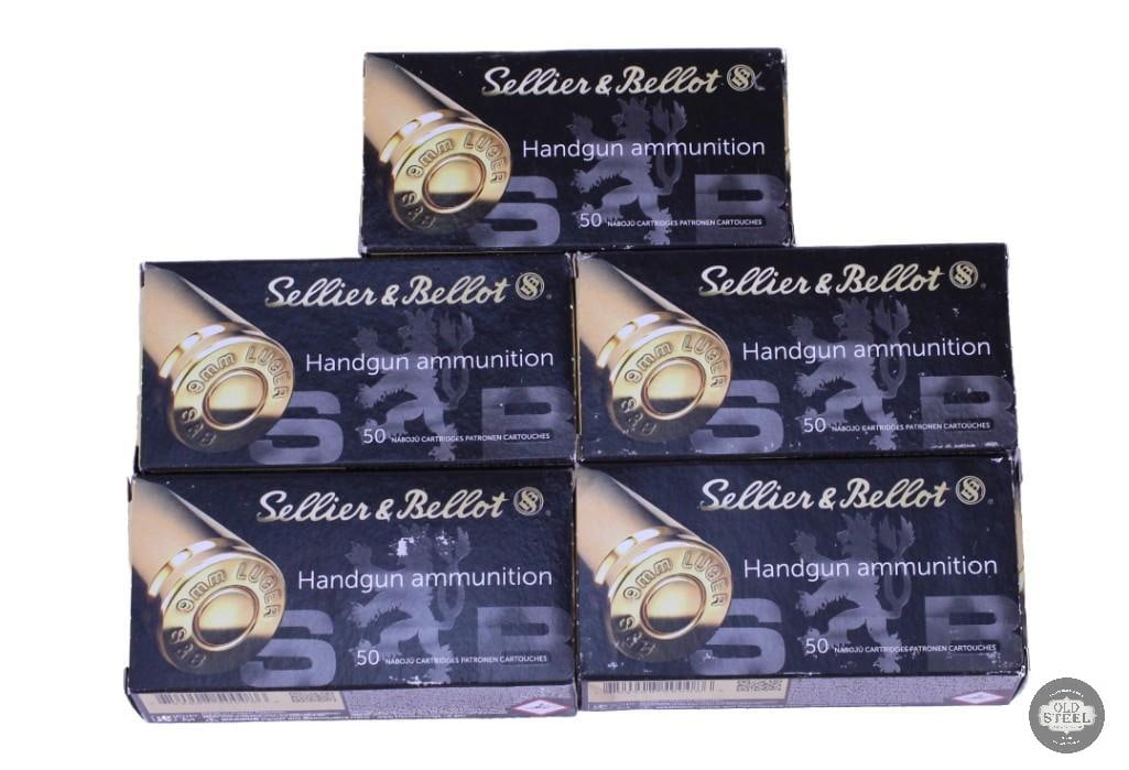 250 rounds of Sellier and Bellot 9mm Luger, 115 grain: One lot of 250 rounds of Sellier and Bellot 9mm Luger, 115 grain THIS ITEM IS AS PICTURED WITH NO FURTHER ATTACHMENTS. ALL SALES ARE FINAL. PLEASE REF