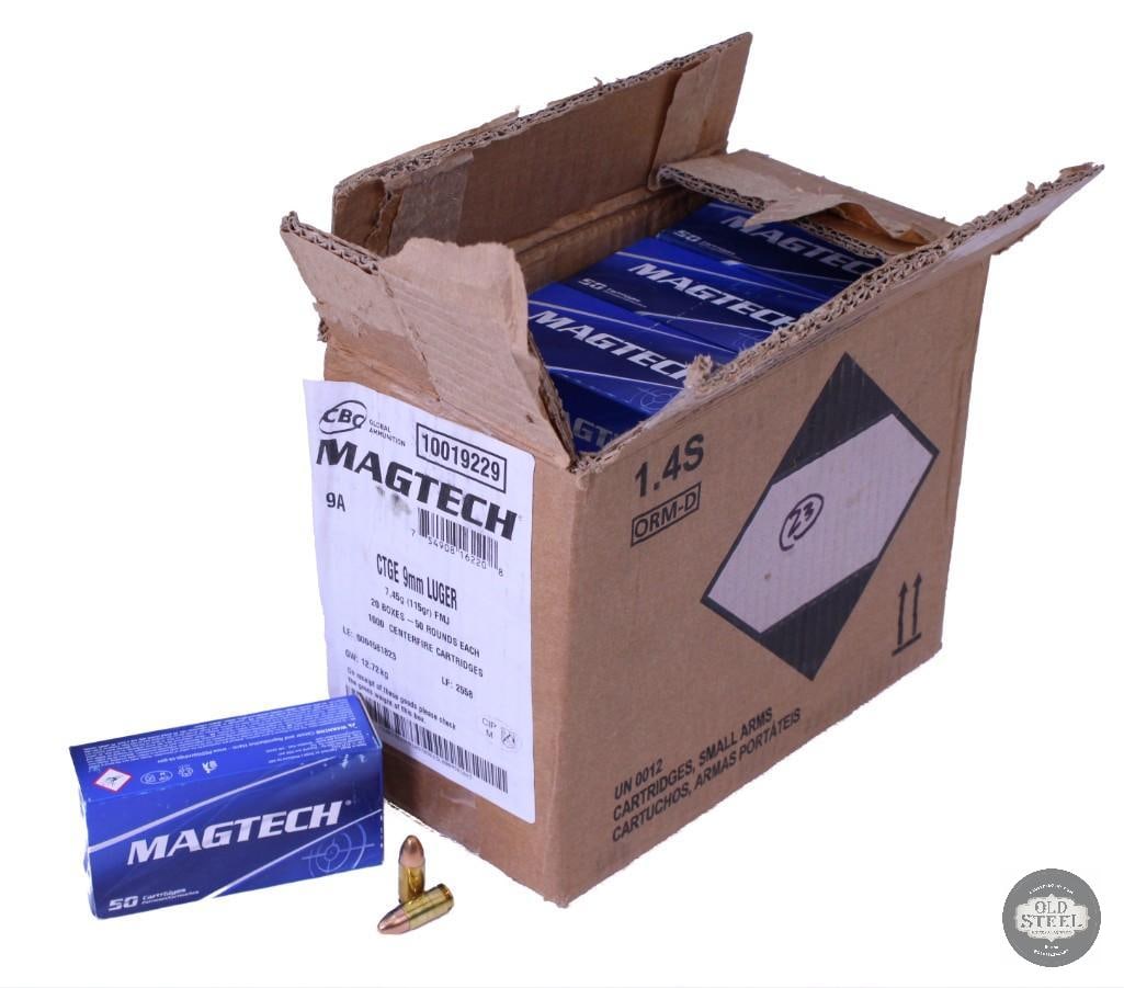 1000 rounds of Magtech 9mm Luger, 115 grain: One lot of 1000 rounds of Magtech 9mm Luger, 115 grain THIS ITEM IS AS PICTURED WITH NO FURTHER ATTACHMENTS. ALL SALES ARE FINAL. PLEASE REFER TO THE AUCTION DESCRIPTION, LOT