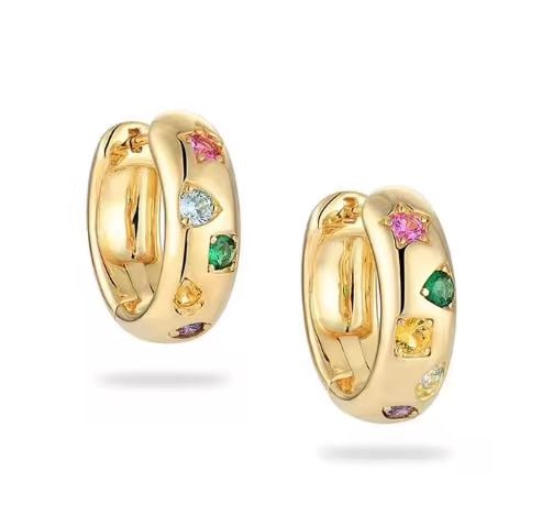 GOLD HOOP EARRINGS WITH MULTI-COLOR GEMSTONES: GOLD HOOP EARRINGS WITH MULTI-COLOR GEMSTONES Description: Pair of polished yellow-gold hoop earrings of rounded, huggie-style form, each front decorated with a scattering of small, brightly colored