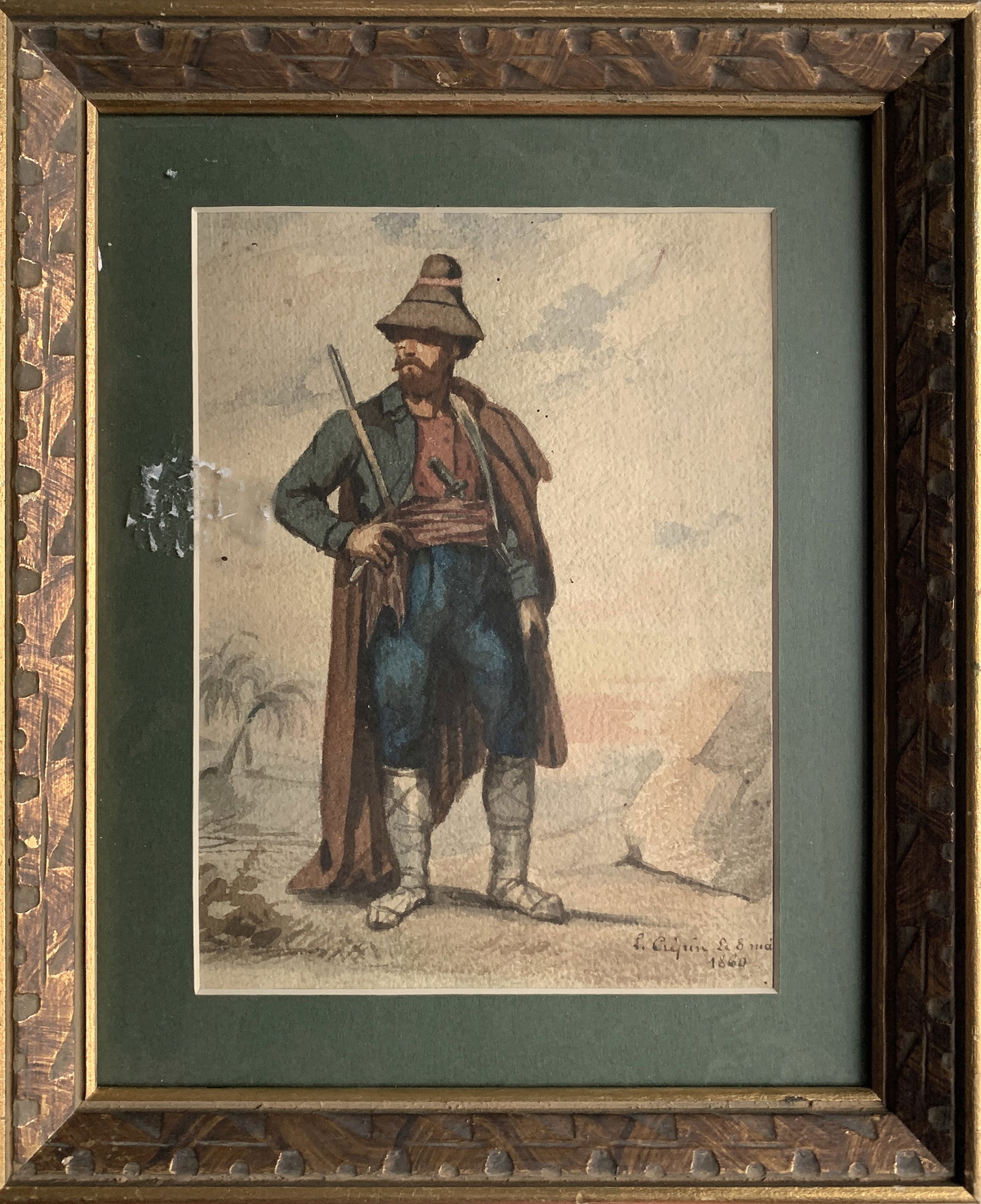 P.CREPIN (XIXe-Xxe): Portrait d'un brigand en pieds, Mai 1860, aquarelle signée et datée en bas à droite. 20 cm x 15 cm