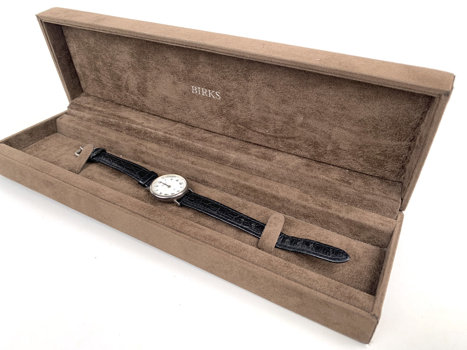 BIRKS - MONTRE FEMME: Montre automatique en acier pour femme avec un coffret de la maison, bracelet en cuir. Pile à changer.