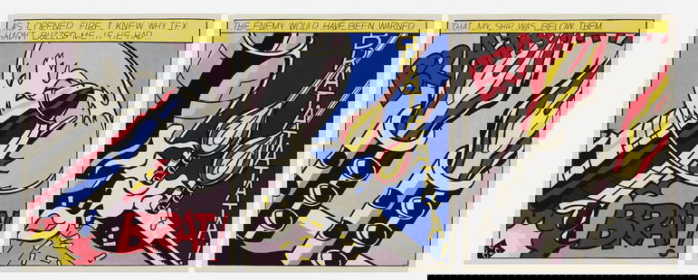 D'après LICHTENSTEIN, Roy (1923-1997): AS I OPENED FIRE Triptyque d'après l'oeuvre de 1966, tirage offset en couleurs sur papier vélin, Éditions Stedelijk Museum, Amsterdam. H_63 cm L_52,5 cm (chaque) H_63 L_157,5 cm