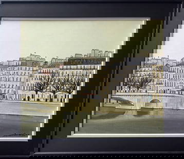 MOZZICONACCI, Ange (1939): Pont de la Tournelle, 1971 Huile sur toile signée et datée au bas à droite, contresignée et titrée à l'arrière. 54 x 65 cm