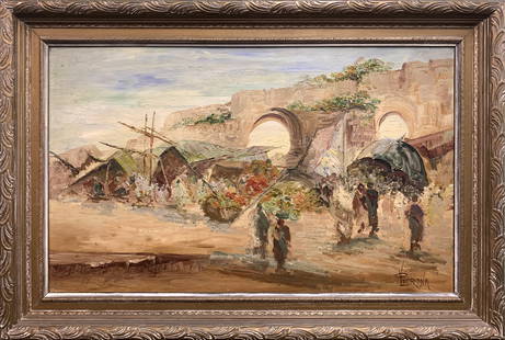 PERONA, Lucien (1906-1971): Marché Tara, Maroc Huile sur panneau signée au bas à droite. 241/4 x 40 po | 61 x 101 cm
