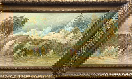 PERONA, Lucien (1906-1971): Scène orientaliste entrée dans la ville Huile sur panneau signée au bas à droite. 20 x 48 ¾ po | 51 x 98 cm