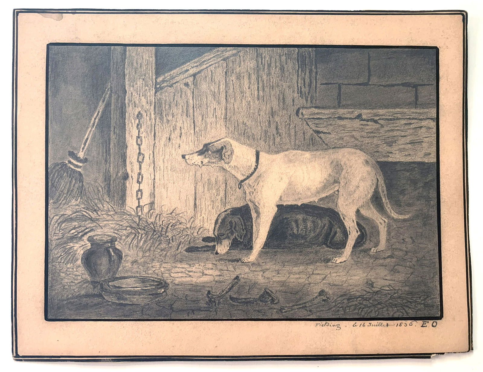Newton FIELDING (1799-1856): Chiens de campagne, mine de plomb, titrée, datée 16 JUILLET 1836 et justifiée E.O en bas à droite. 18,5 cm x 24 cm (feuille)