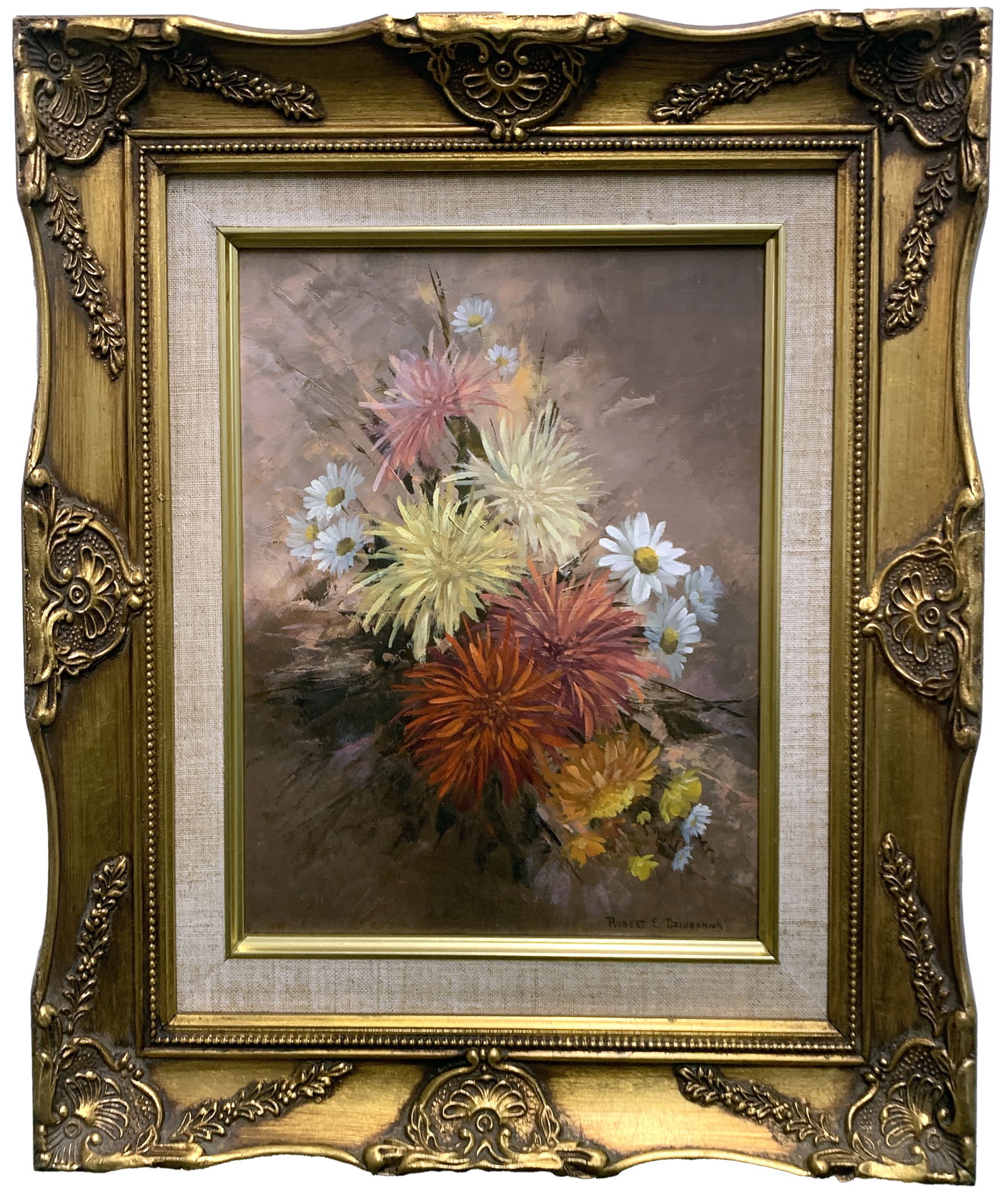 Robert E. Dziubaniuk: Autumn bouquet. Huile sur massonite signée au bas à droite. Étiquette de la Galerie Bernard Desroches à Montréal. 10 po x 8 po