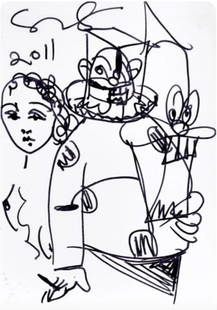George Condo: Untitled, Untitled (Mental States playing card drawing), 2011 Unique drawing: George Condo: Untitled (Mental States playing card drawing), 2011. Unique drawing, pen on card, within a box set and one pack of playing cards. 3.5 x 2.5 inches or (8.9 x 6.4 cm) Ink drawing, on a