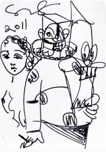 George Condo: Untitled, Untitled (Mental States playing card drawing), 2011 Unique drawing: George Condo: Untitled (Mental States playing card drawing), 2011. Unique drawing, pen on card, within a box set and one pack of playing cards. 3.5 x 2.5 inches or (8.9 x 6.4 cm) Ink drawing, on a pla