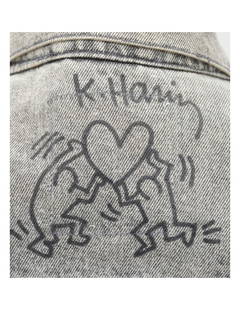 Keith Haring: Radiant Heart Ink Drawing on denim jacket, 1988: Keith Haring: Radiant Heart “Love", Ink on denim 1988. Original Drawing on Denim Jacket. Signed K. Haring. 4 x 4.5" Total jacket size is 33 x 27" or 83.8 x 68.6cm. Excellent Provenance: Rago Auction