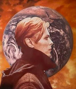 RCA Music David Bowie: Original Pre Production Collage for "Man Who Fell To Earth" c.1970s: RCA Music's Original Artwork for Bowie's, "Man Who Fell to Earth" RCA Videodisc, c. 1970's. Image measures 8.25h" x 17.25w" and 27 x 20w" in total size with production board. Orange Spray Paint with