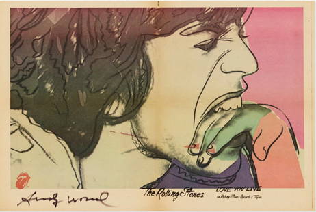 Andy Warhol: The Rolling Stones, Mick Jagger,  Interview Magazine Insert Hand-signed: Andy Warhol: The Rolling Stones, 1977 Mick Jagger Interview Magazine Insert. 18 x 22&rdquo;, Hand-signed lower left. 18 x 22&rdquo;. Provenance: Rago Auctions, NJ, Jessica Leigh Collection, Bedford Ar