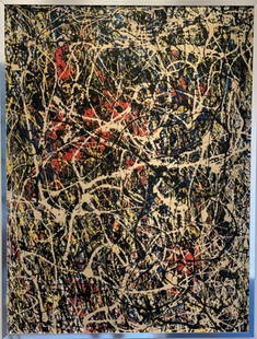 Georg Hampton: Untitled, 1970  Mixed media on Canvas: Georg Hampton (1904-1996): Untitled, 1970. Mixed media on Canvas. 40 x 30&rdquo;. Hand-signed bottom center by artist. Large Modern Drip, Action Painting in the manner of Jackson Pollock. Georg Hampto