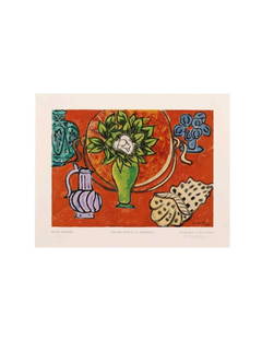 Henri Matisse (After): Nature Morte au Magnolia, 1950 Hand-signed (E'stamps Portfolio): Henri Matisse (after): Nature Morte au Magnolia, 1950. Woodcut on paper. 14 x 18” Hand-signed Matisse in pencil lower right, marked EA or Artist's Proof lower left. A single print from the