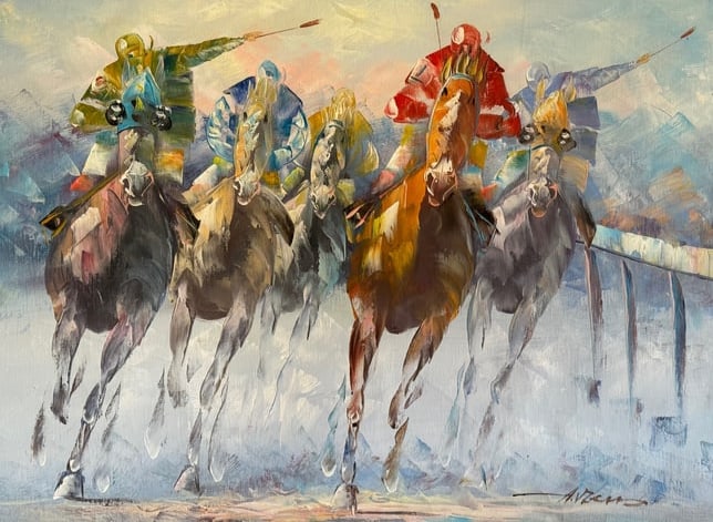 Anthony Vecchio: Horse Racing, Oil on Canvas: Anthony Vecchio: Horse Racing, Oil on Canvas. 24.5 x 36". Hand-signed in paint lower right. Large Horizontal Canvas. Buyer is responsible for shipping on this lot. Provenance: Private Collection, Aust
