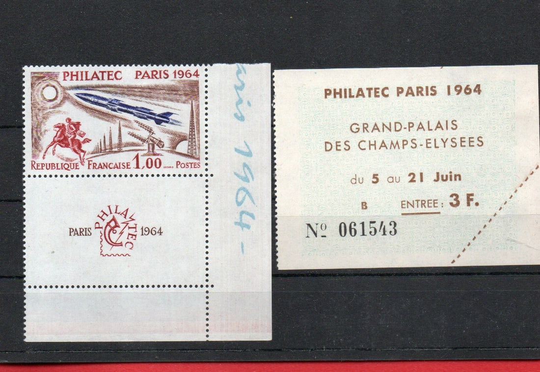 Stamps, France, PHILATEC 1964 Corner , MNH, with label and Entr?e ticket 3F. , S.G 1651, S.G price: Stamps, France, PHILATEC 1964 Corner , MNH, with label and Entr?e ticket 3F. , S.G 1651, S.G price 42.00 GBP