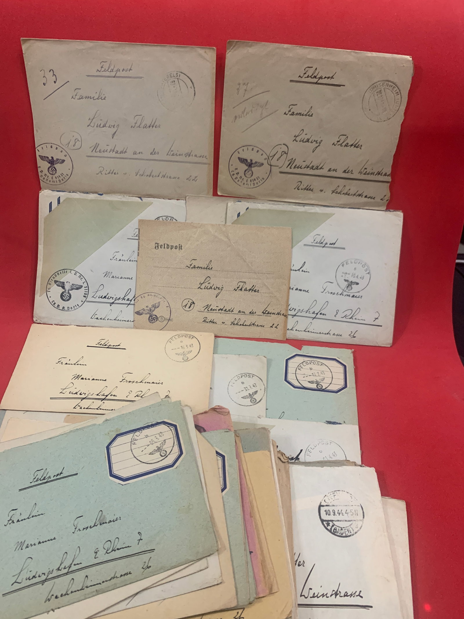 Stamps, Germany, Collection of 64 covers all Feildpost (Feldpost) 1943 & 1944 , Deutsche Riech with: Stamps, Germany, Collection of 64 covers all Feildpost (Feldpost) 1943 & 1944 , Deutsche Riech with Swastika stamping, All covers are in good condition
