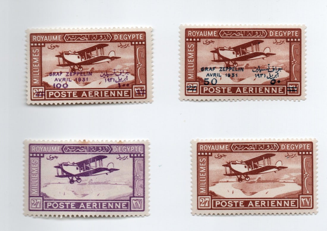 Egypt, GRAF ZIPPLIN complete set , April 1931 surchaged on 27ml with Errors , "R" in arabic for 100: Egypt, GRAF ZIPPLIN complete set , April 1931 surchaged on 27ml with Errors , "R" in arabic for 100 ml is cut and also the year is printed "1831 instead of "1931" in 100 ml