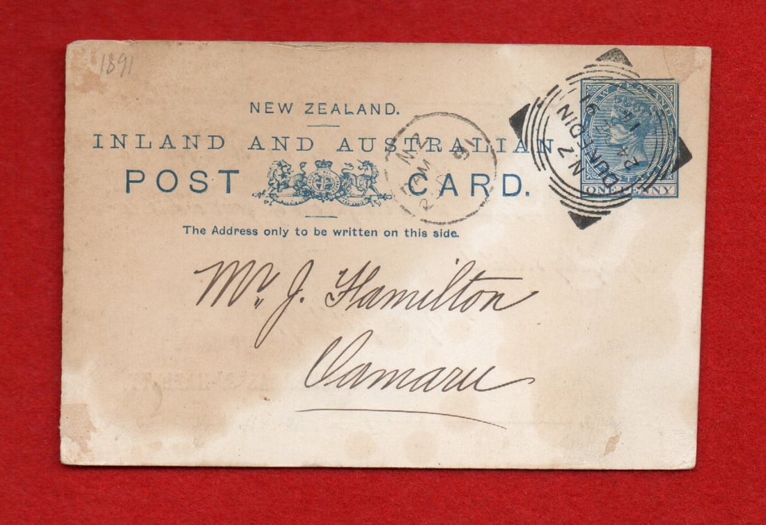 New Zealand, Post card sent 1891 using prepaid one penny inland and australian: New Zealand, Post card sent 1891 using prepaid one penny inland and australian