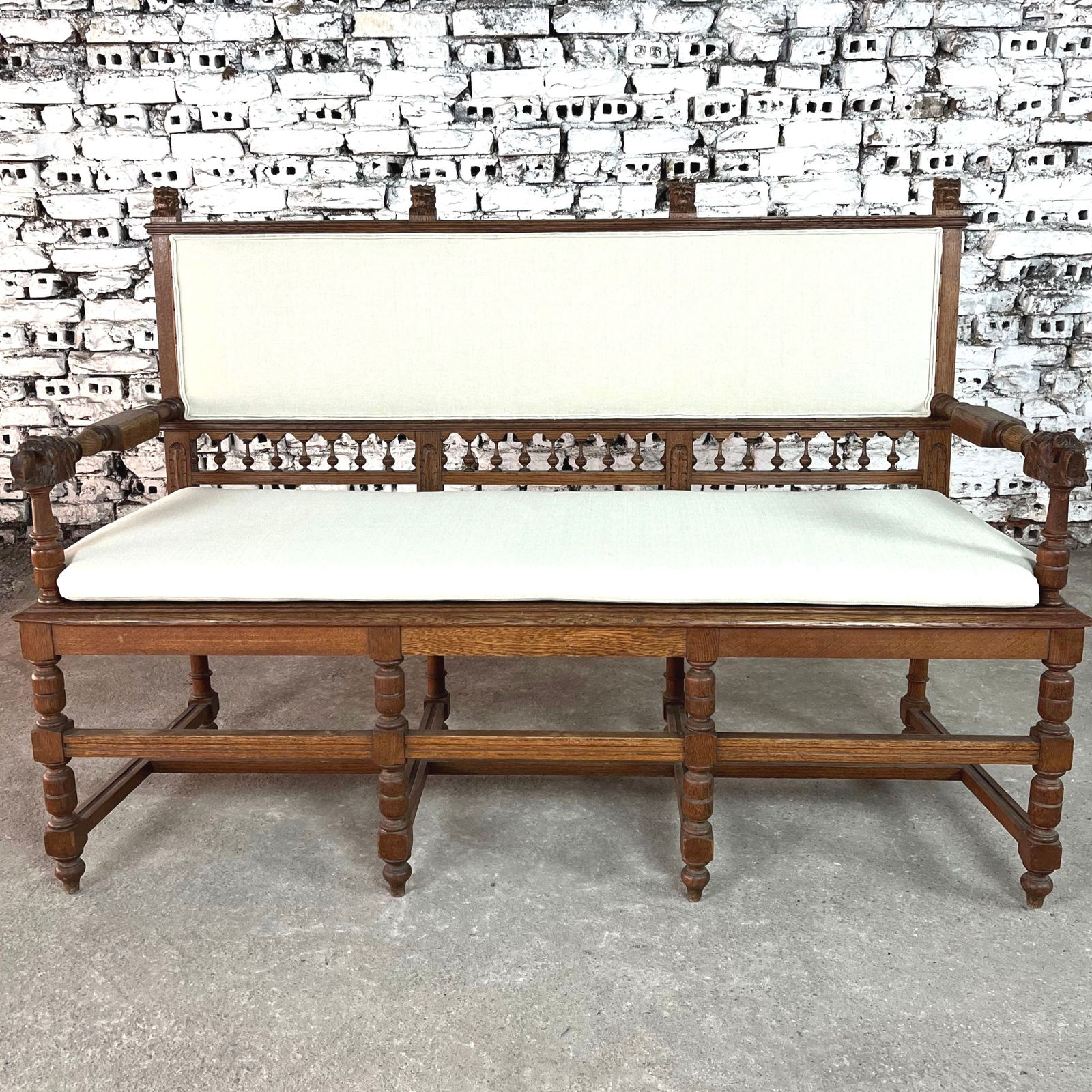 DUTCH 3-SEATER OAK BENCH, UPHOLSTERED (1 of 6)
