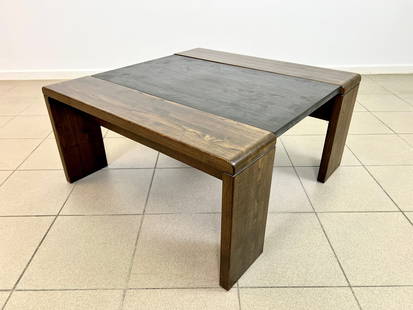 DUTCH BRUTALIST WOOD AND SLATE COFFEE TABLE: Dimensions: H 15.7” x W 32” x D 32.3”. Brutalist Dutch extendable coffee table with wooden and natural stone top. 010