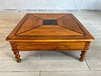 SWISS SQUARE COFFEE TABLE WITH MARBLE INLAY: Dimensions: H 16” x W 38.3” x D 38.3. Original Mid-Century Modern large square coffee table, made of solid wood with geometric design featuring small square marble element. Massive four-le
