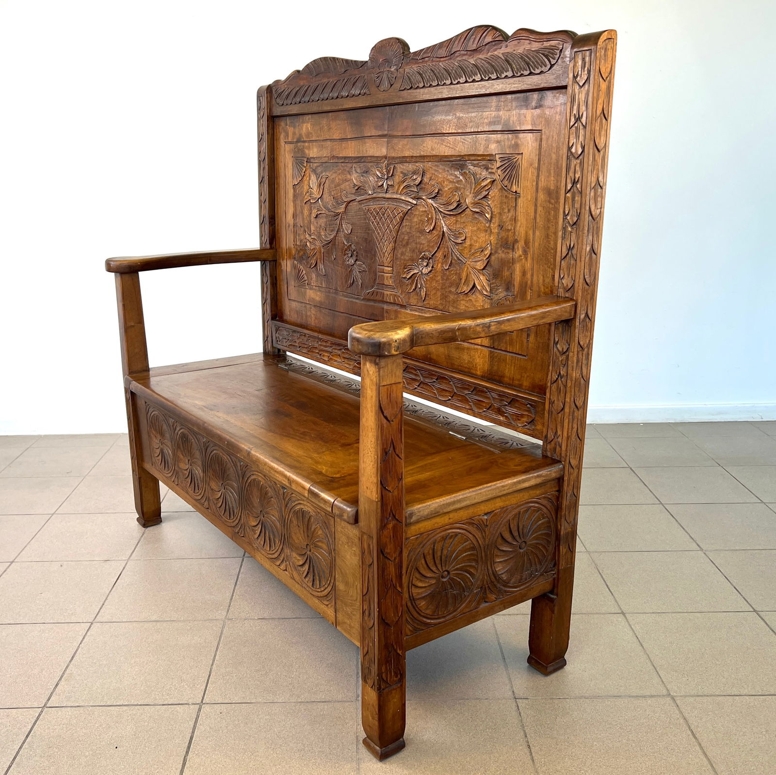 CARVED DUTCH OAK BENCH (1 of 13)