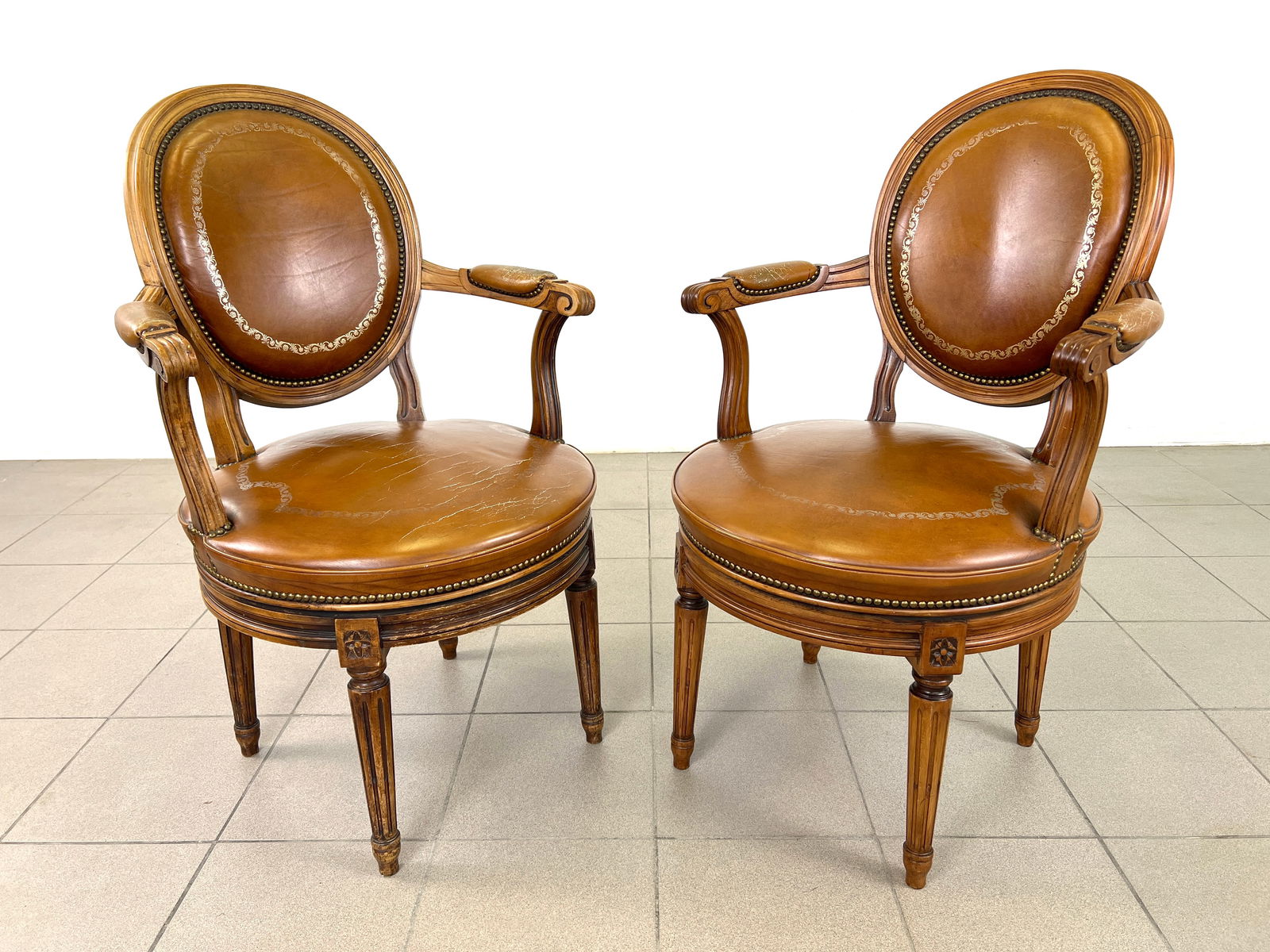 (2) LOUIS XVI STYLE SWIVEL LEATHER ARMCHAIRS (1 of 14)