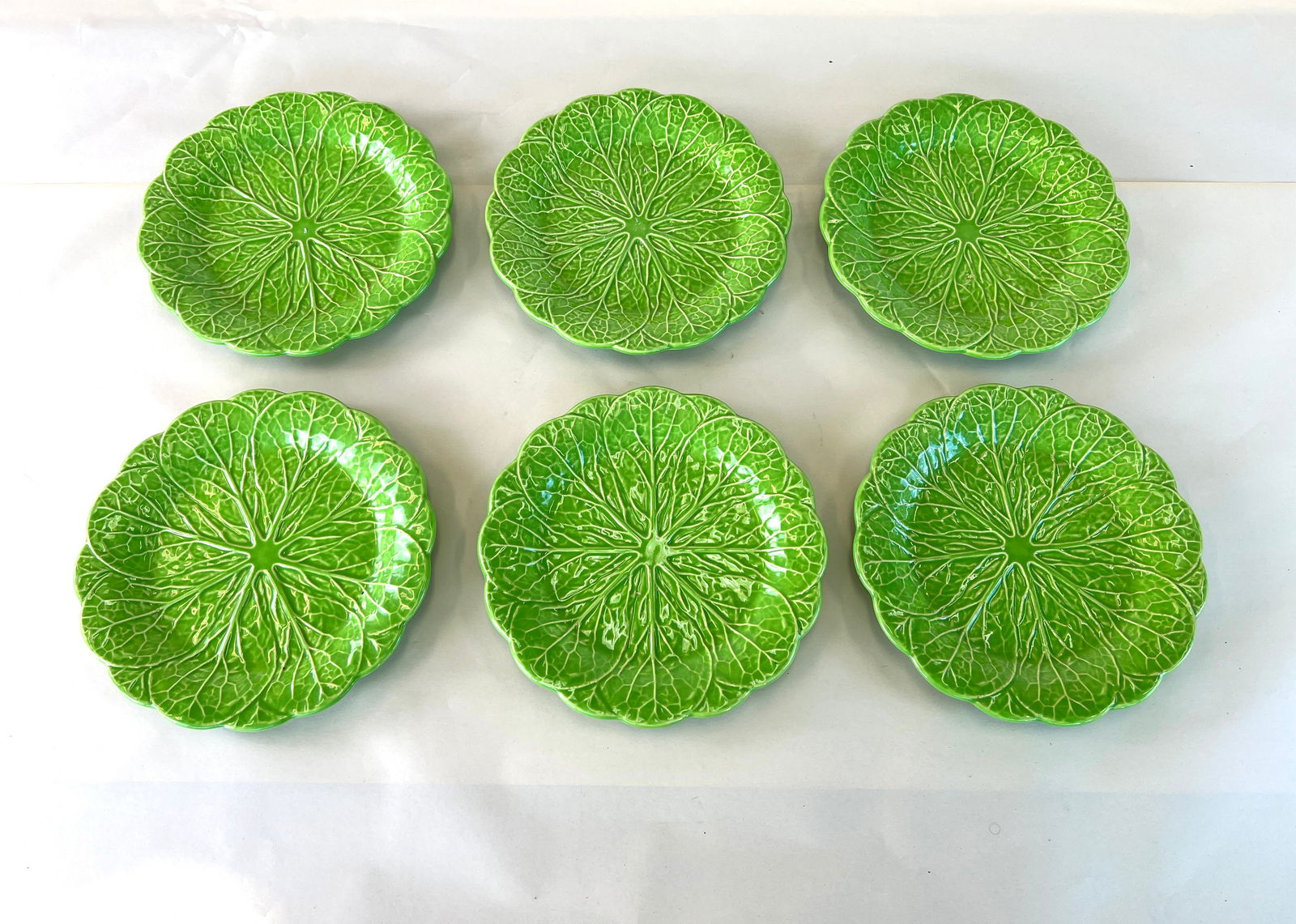 (6) GREEN MAJOLICA CABBAGE LEAF PLATTERS (1 of 5)
