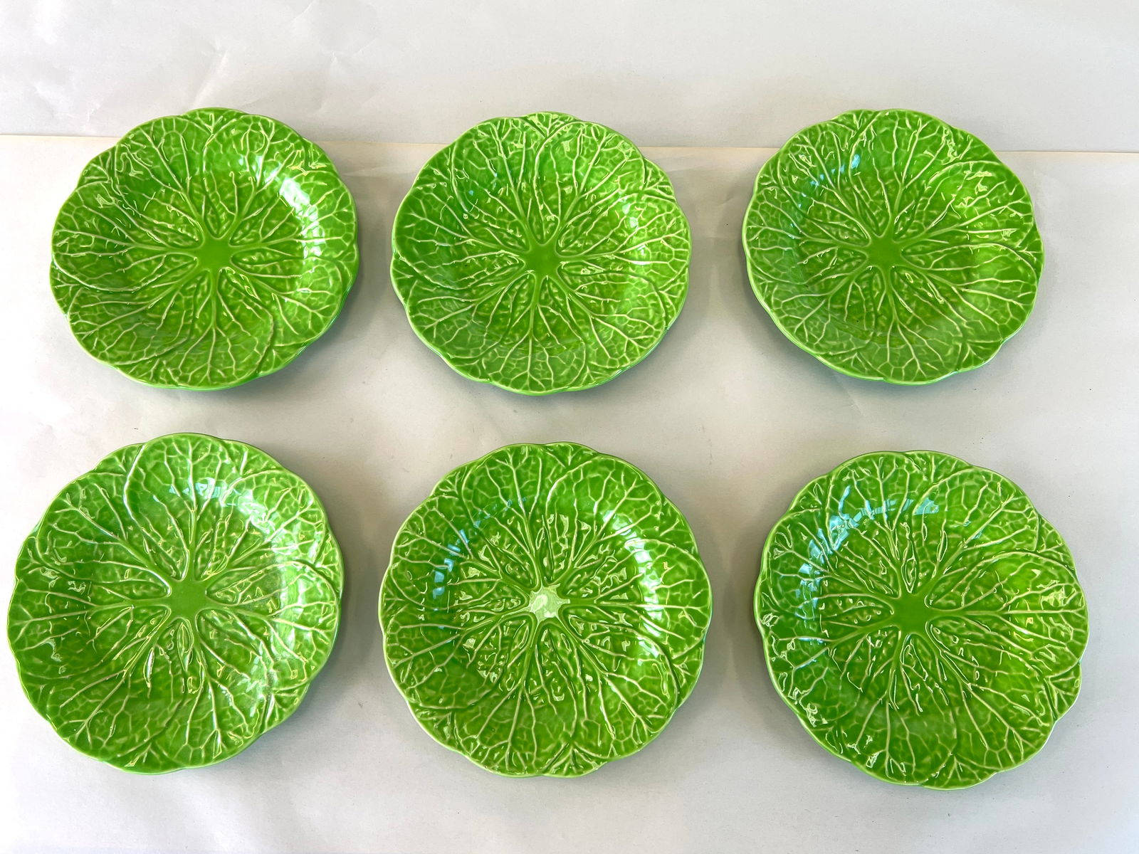 (6) GREEN MAJOLICA CABBAGE LEAF PLATTERS (1 of 5)