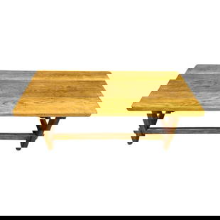DUTCH BRUTALIST COFFEE TABLE: Dimensions: H 18.5” x W 49” x D 22.5”. Vintage Dutch oak brutalist coffee table with four massive shaped legs with stretchers.