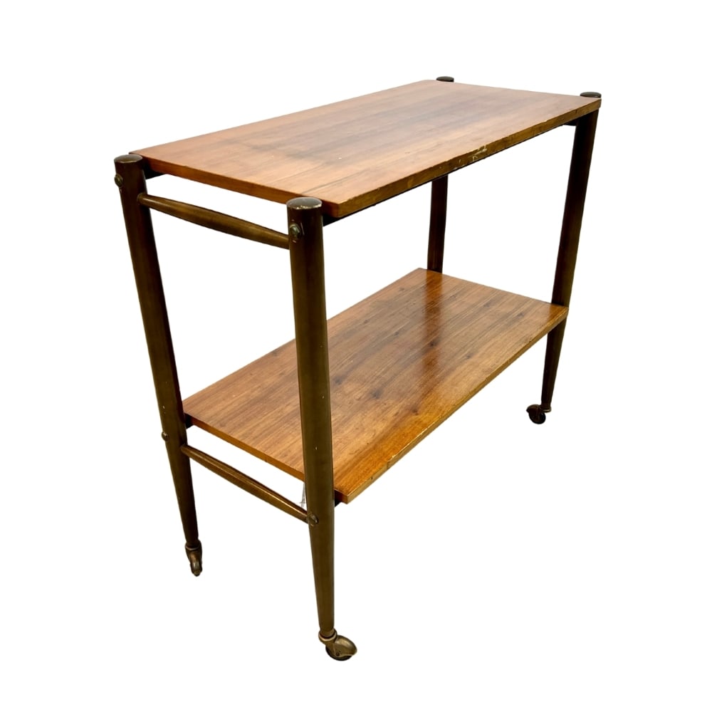 DUTCH SERVING TROLLEY: Dimensions: H 29.5” x W 31” x D 14.5”. Dutch serving trolley or side table with 2 levels on brass castors.