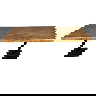 CAST IRON AND OAK INDUSTRIAL DINING TABLE: Dimensions: H 30.7” x W 80.7” x D 34.8” Dutch Industrial Dining table, consisting of 2 solid pedestal cast iron legs supporting a large patinated oak slab plank top. Seats up to 12.