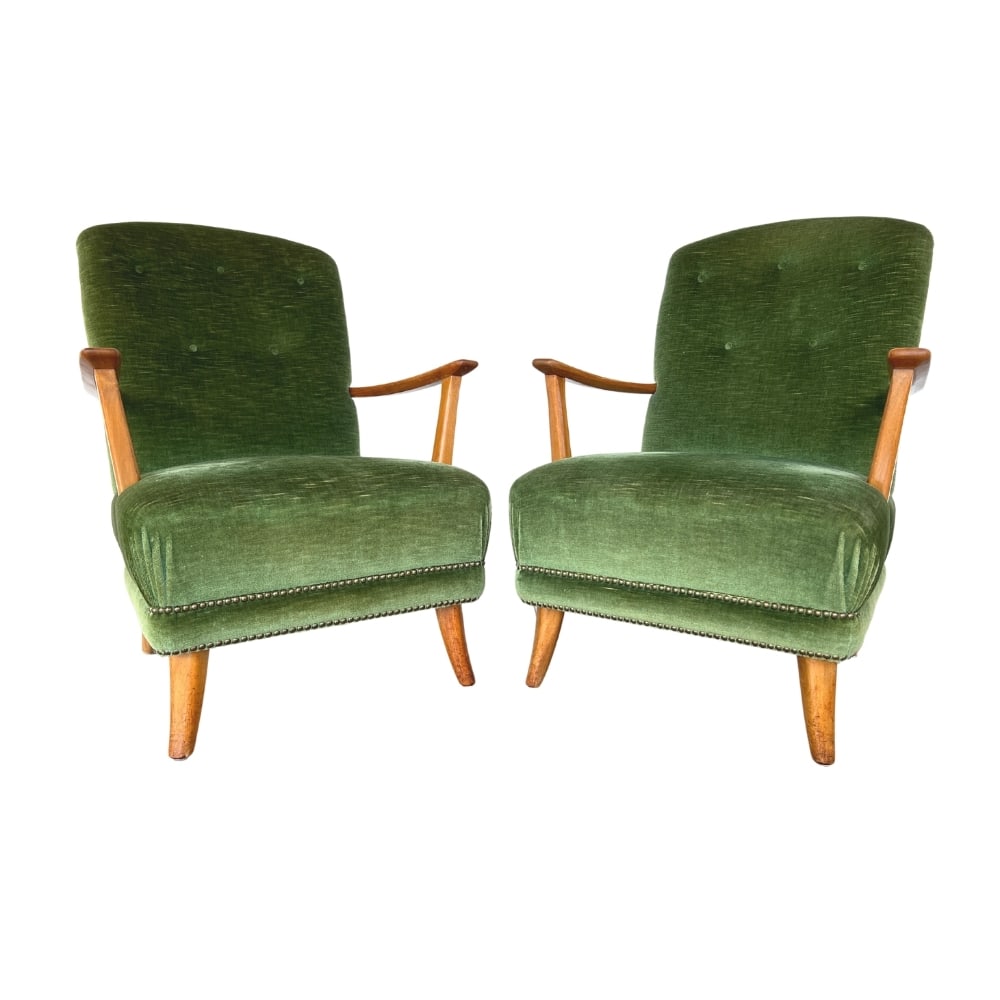 (2) DUTCH VELVET ARMCHAIRS: Dimensions: H 37” x W 27” x D 32”. Pair of Dutch green velvet and oak armchairs.