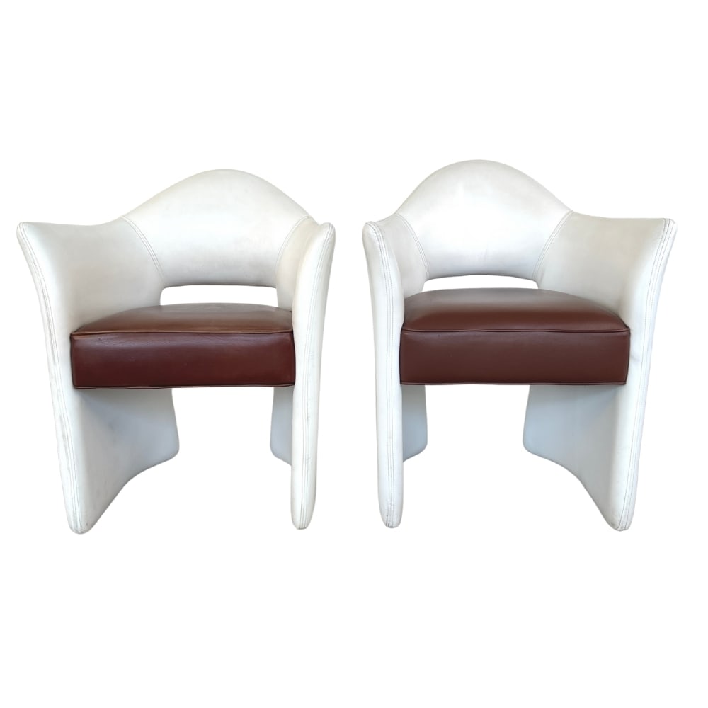 (2) VINTAGE WHITE DESIGNER LEATHER ARMCHAIRS (1 of 11)