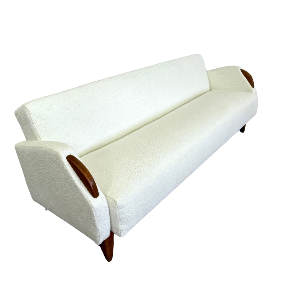 MID-CENTURY 3-SEAT SOFA OR DAYBED: Dimensions: H 28.5” x W 78” x SD 37”. Mid-Century 3-seat sofa or daybed, newly upholstered in white boucle. Art Deco styled.