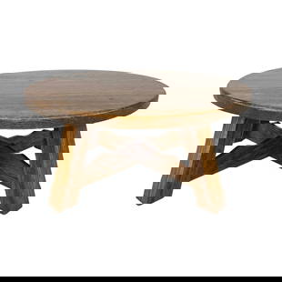 DUTCH BRUTALIST COFFEE TABLE: Dimensions: H 18” x W 39.5”. Dutch Brutalist round oak coffee table with four solid legs.
