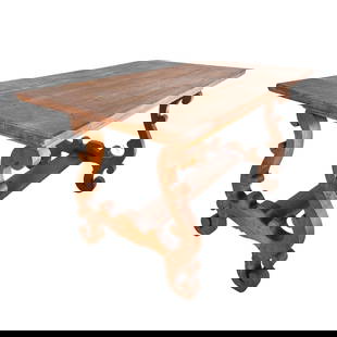 SPANISH  REVIVAL FARMHOUSE DINING TABLE: Dimensions: H 29.7&rdquo; x W 54.5&rdquo; x D 27.3&rdquo;. Spanish farmhouse carved wood dining table with stretcher.